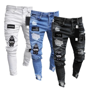 White Embroidery Skinny Ripped Jeans Men Cotton Stretchy Hole Slim Fit Hip Hop Denim Pants